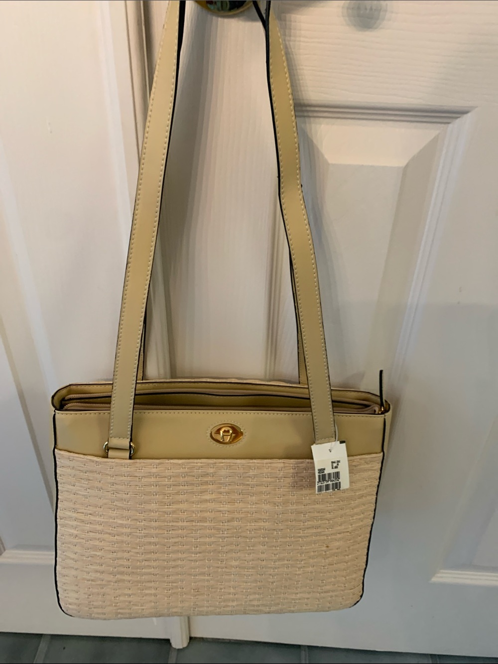 Cream Woven Shoulder Bag with Leather Trim